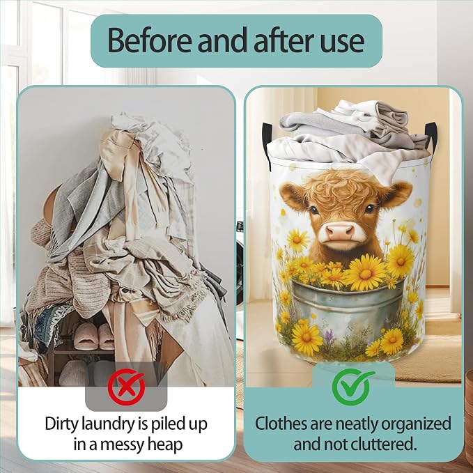 Cute Highland Cow Round Laundry Basket Collapsible Laundry Hamper with Handles Toys Clothes Organizer Bin For Home Bathroom Bedroom Dorm Nursery
