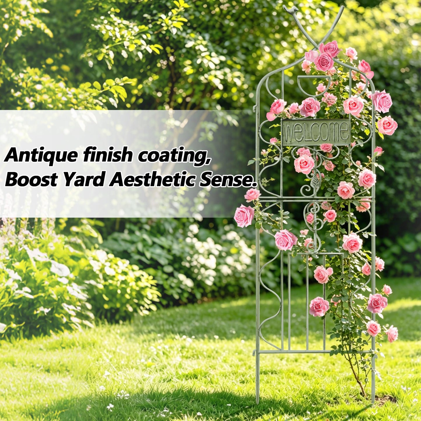 LZRS 2 Pack 59.5 * 18in Rustic Iron Arch Decoration Garden Trellis with Metal Coating – Perfect for Supporting Climbing Plants Outdoor, Roses, Vines, Flowers, and Vegetables, Antique Green