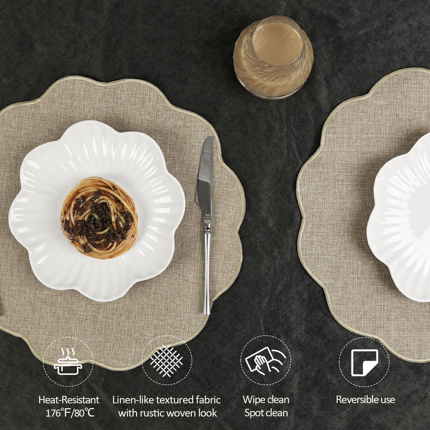 AHHFSMEI Round Faux Linen Placemats Set of 6 Heat Resistant Non-Slip Stain Proof Table Mats for Kitchen Dining Elegant Decor Place Mats (Linen Beige,6)