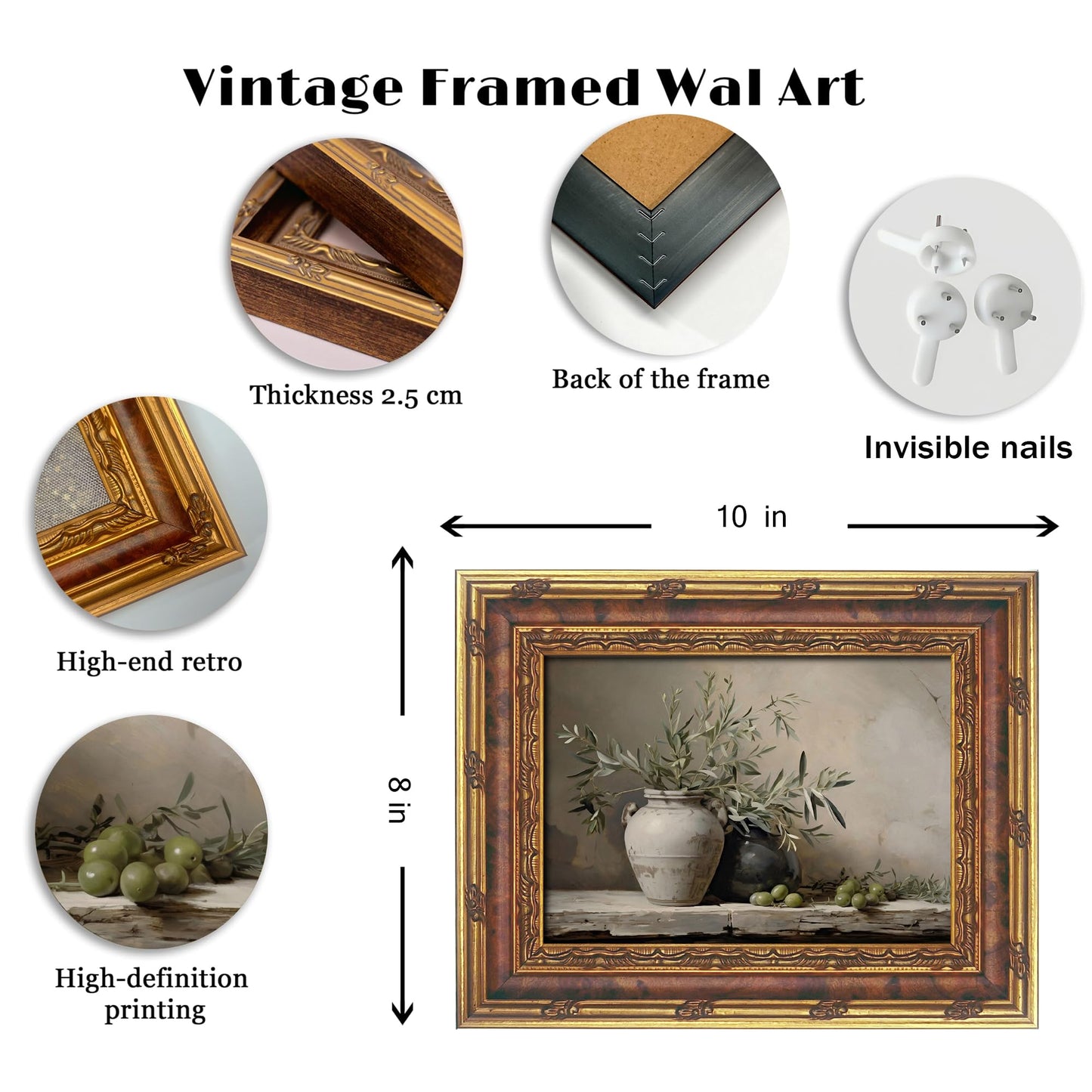Vintage Gold Framed Olive Tree Wall Art, Rustic Potted Plant Paintings Prints Farmhouse Art Prints for Living Room Bedroom Bathroom (Framed 8X10)