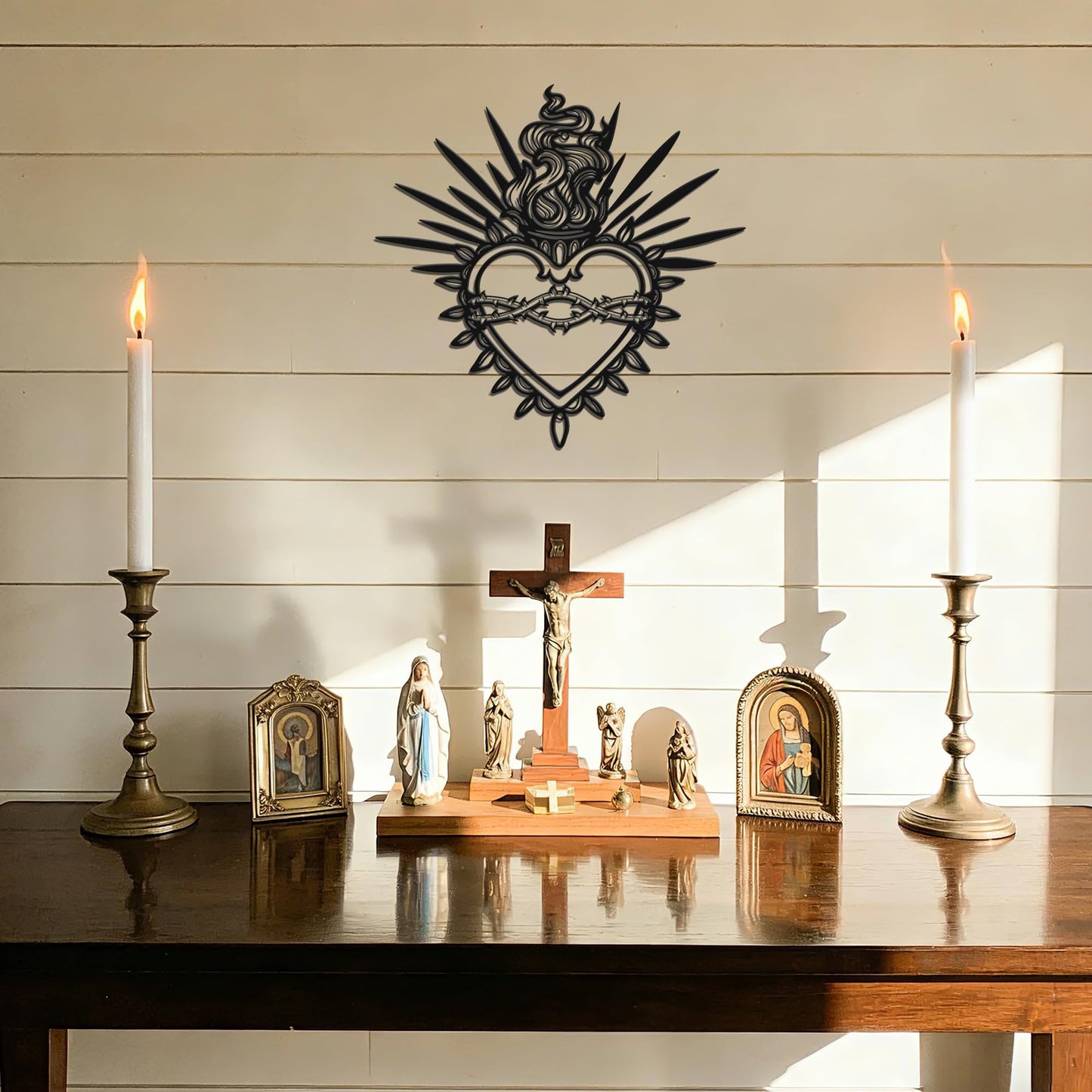 JEWLOVE 13" × 12.6" Matte Black Sacred Heart Metal Wall Art – Catholic Art, Milagro Heart & Sacred Heart Wall Decor for Living Room & Prayer Room