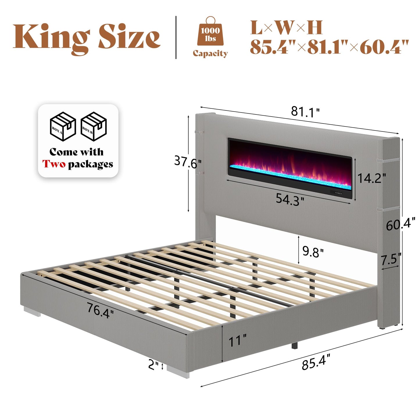 AMERLIFE Modern King Size Bed Frame with Fireplace, Corduroy Upholstered Bed Frame with 60.4“ Extra Tall Headboard, Wingback Platform Bed Frame Wooden Slats/No Box Spring Needed, Greige