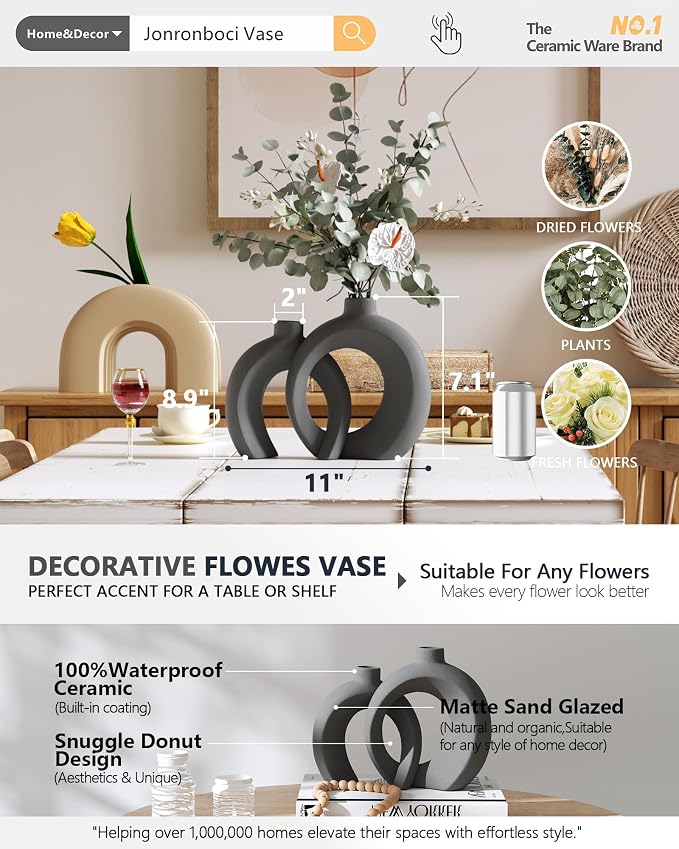 Set of 2 Gray Ceramic Vases for Home Decor Accents - Unique Hollow Donut Artistic Design Minimalism Industrial Scandinavian Style Decorative Vases for Shelf, Mantel, Entryway Table Decor (Matte Gray)