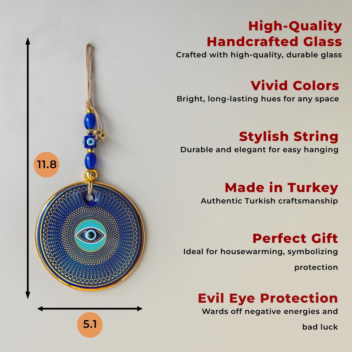 Orenda-Turkish Evil Eye Wall Hanging, 5.1 in Diameter, Handmade Glass Nazar – Protection and Good Luck for Home, Office, or Gifts