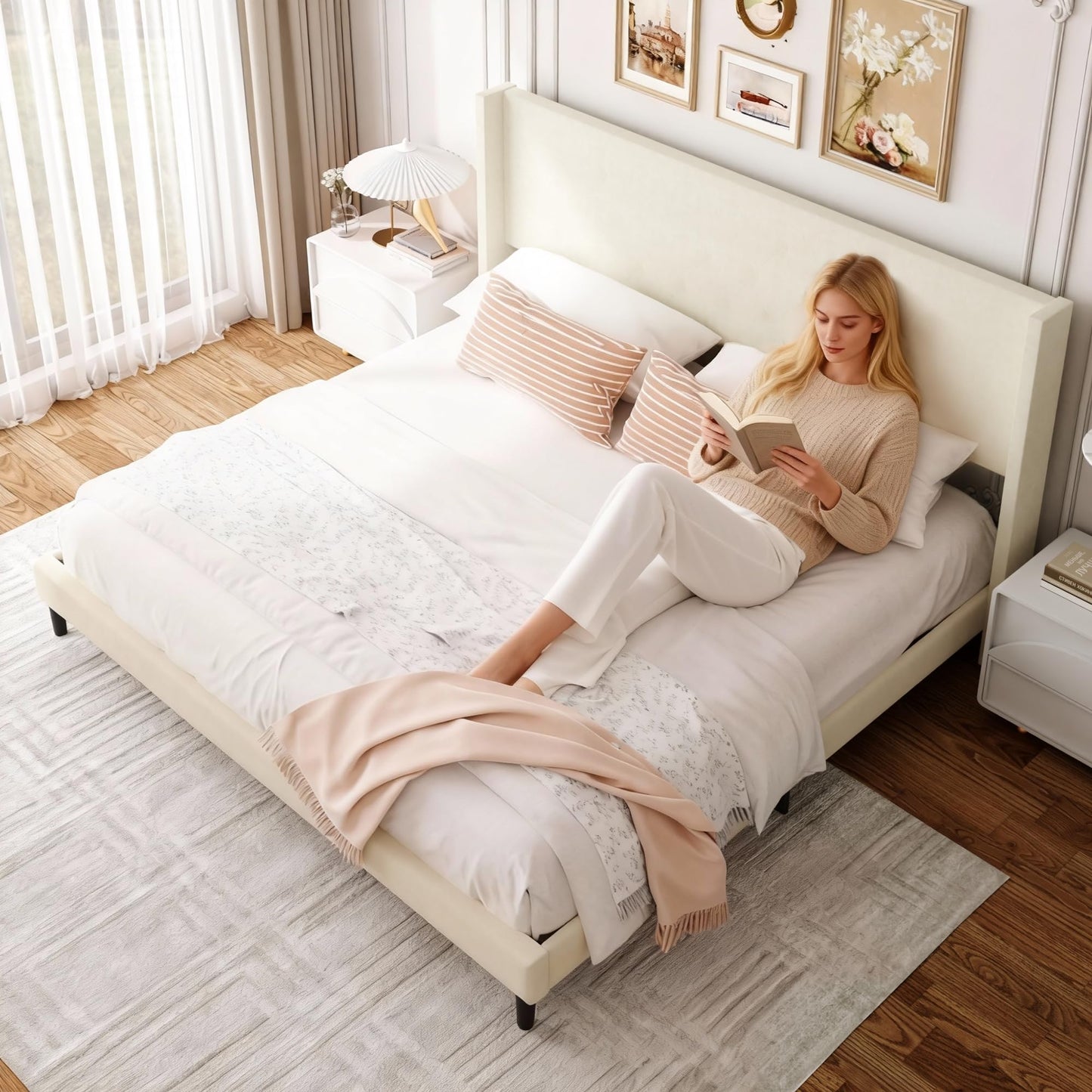 Sismplly Queen Bed Frame with Wingback Headboard, Velvet Upholstered Platform Bed with Wooden Slats, 6.46“ Under Bed Storage, Metal Support, Noise Free, No Box Spring Needed, Beige