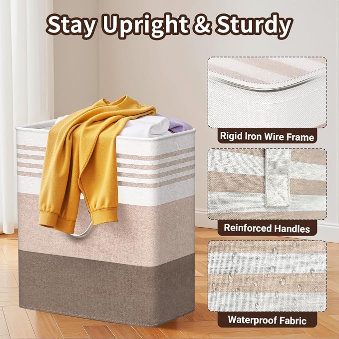 WOWBOX 2 Pack Laundry Baskets, Laundry Hampers, Freestanding Dirty Clothes Hampers with Reinforced Handles & Cross Stitch & Waterproof Coating, for Laundry Bedroom Bathroom Dorm,100L Khaki