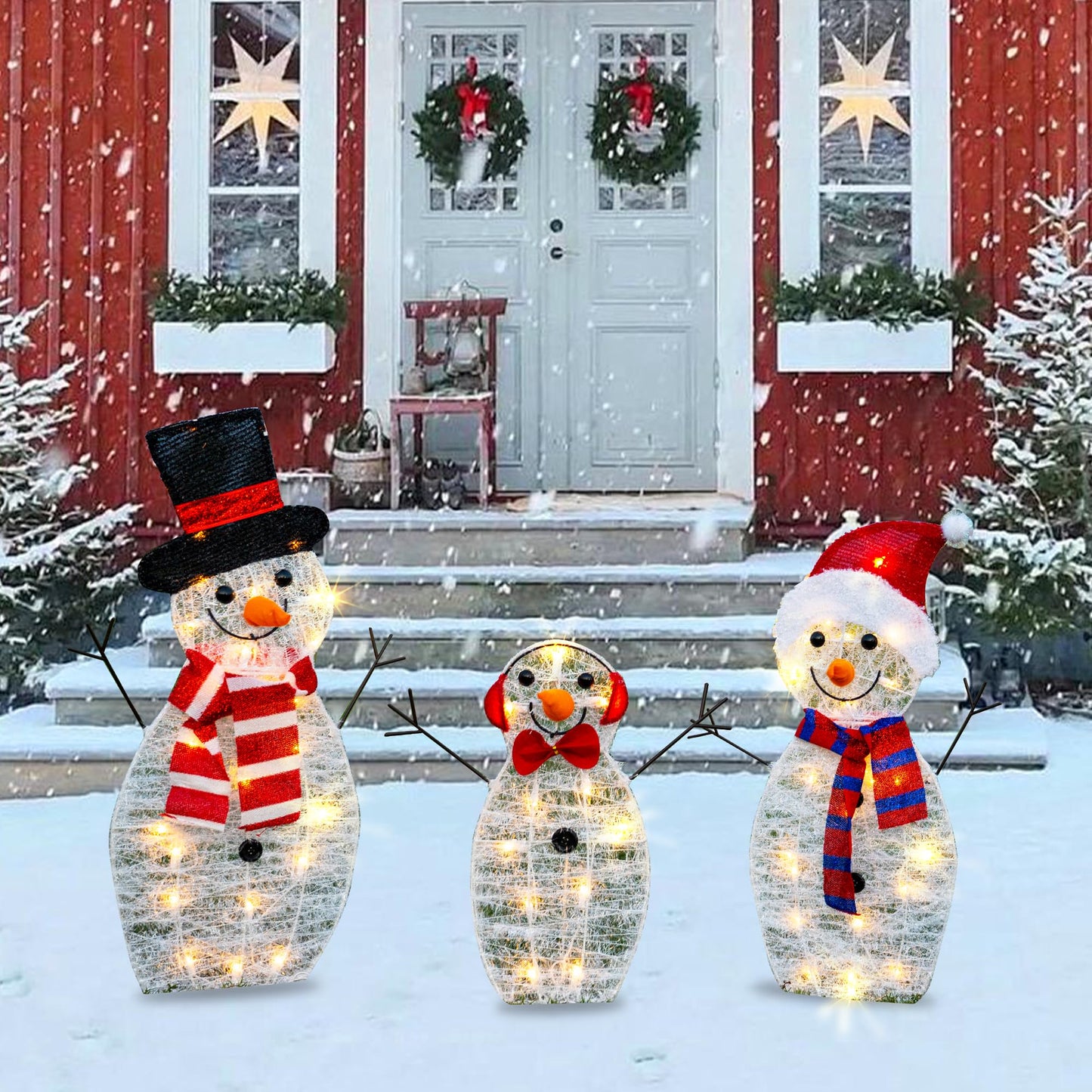 TW SHINE Lighted Christmas Snowman Outdoor Decoration, 3-Piece Pre-Lit 2D Snowman Family Set with 55 Warm White Lights, Christmas Yard Decorations for Patio Lawn Garden Decor, 29.9X12.2Inch-Large