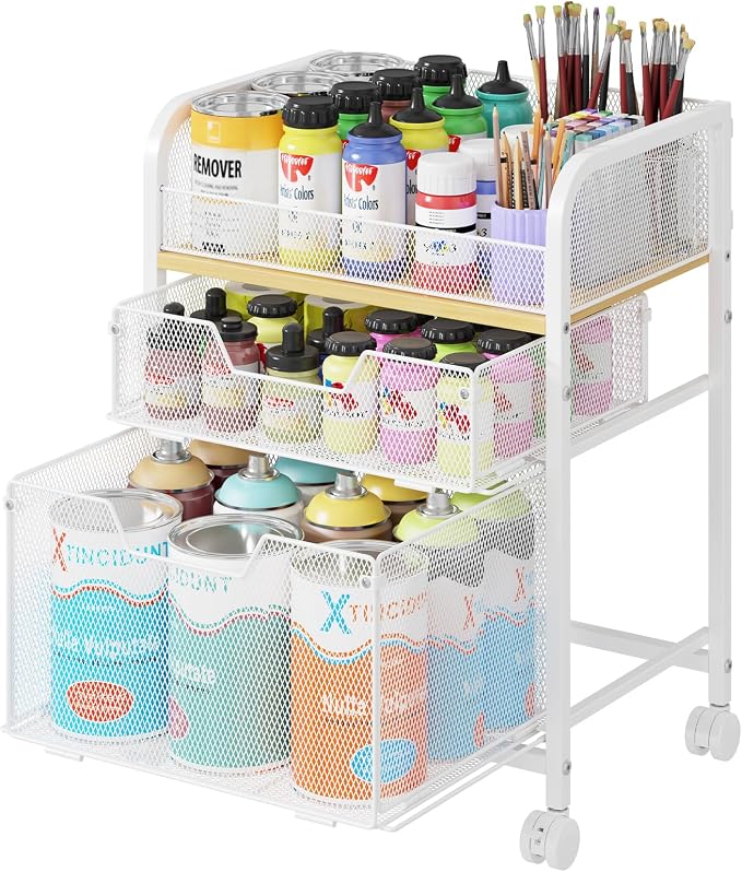 Yociyoga 3 Tier Rolling Cart with Drawers,Pantry Storage Cart with Wheels,Under Desk Storage Cart for Small Space,Pantry Floor Organizers and Storage,Metal Load-Bearing Utility Craft Cart,White