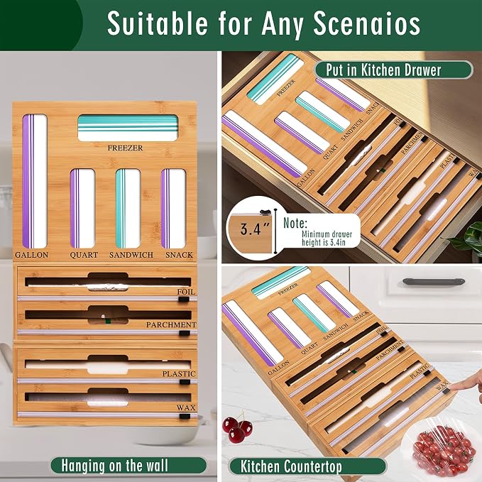 9 In 1 Storage Bag Organizer And Plastic Wrap Dispenser With Cutter, Bamboo Foil and Plastic Wrap Organizer