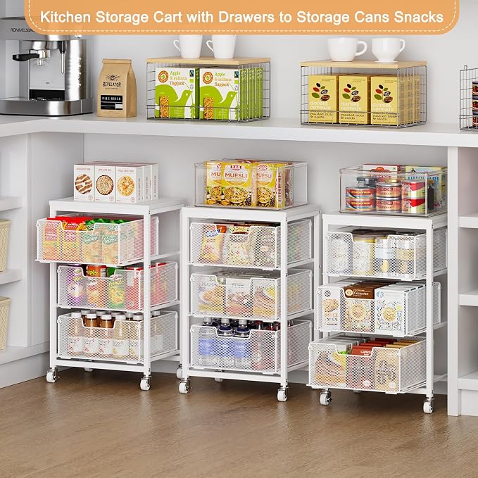 Kitchen Cart with Storage, 3-Tier Pantry Organizer and Storage Cart with Drawer, Fruit Vegetable Storage Cart with Wheels, Wooden Top Metal Wire Kitchen Organizer Rack Stand for Snack Onion Potato