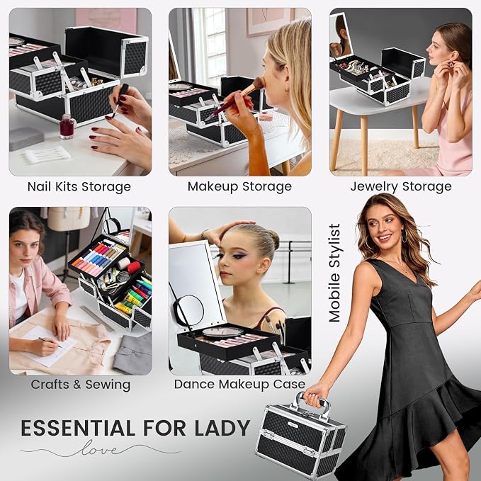 Joligrace Makeup Box Cosmetic Train Case Portable Makeup Organizer Case with Mirror 2 Tray Make up Storage Case for Nail Teach Craft Sewing Travel Vanity Modern Style Black