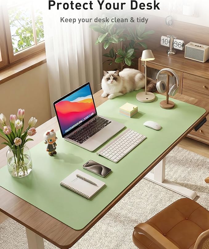 Aothia Faux Leather Desk Mat - Large Mouse Pad, Non-Slip PU Leather Blotter, Waterproof Writing Surface for Office and Home (Foam Green, 42" x 17")