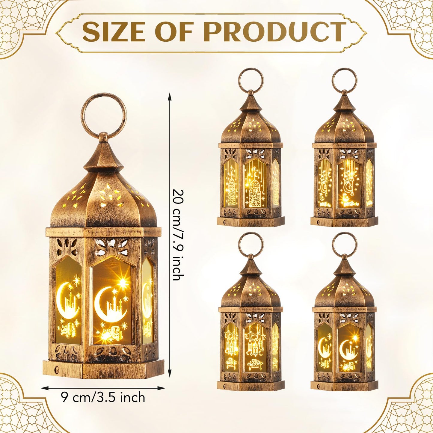 Retisee 4 Pcs 7" Ramadan Large Eid Mubarak Lantern Moon Star Hanging LED Lantern for Home Patio Table Wedding Centerpiece Festival Decoration (4 Styles,Bronze Gold)