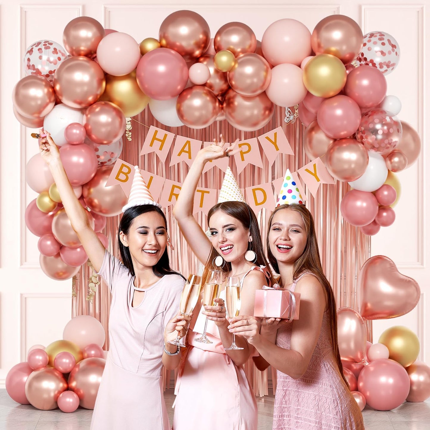 Rose Gold Birthday Decorations with Metallic Pearl Rose Gold Confetti Light Pink White Foil Balloons Fringe Curtain Banner Happy Birthday Decorations for Women