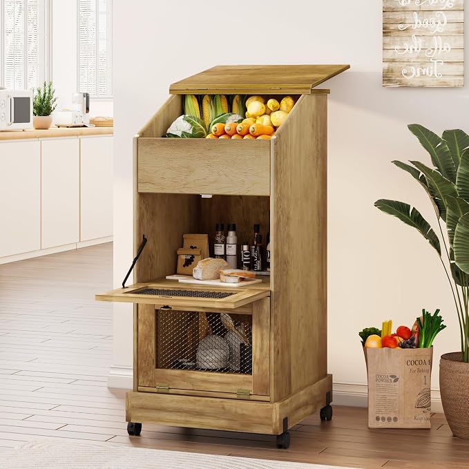 Potato Storage Bin, Wooden Bread Bins with Wheel, Movable Onion Storage Bin, Decorative Vegetable Storage Box for Kitchen Pantry, Brown