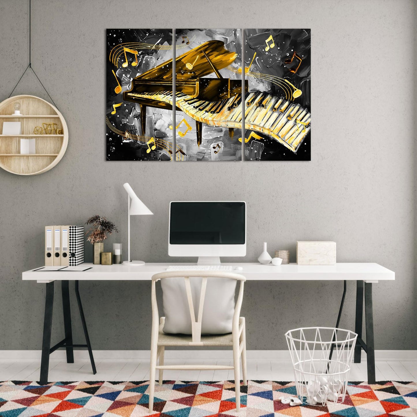 iHAPPYWALL 3 Pieces Piano Canvas Wall Art Black and Gold Music Picture Panting Prints Musical Notes Instrument Contemporary Artwork For Bedroom Classroom Decoration Ready to Hang