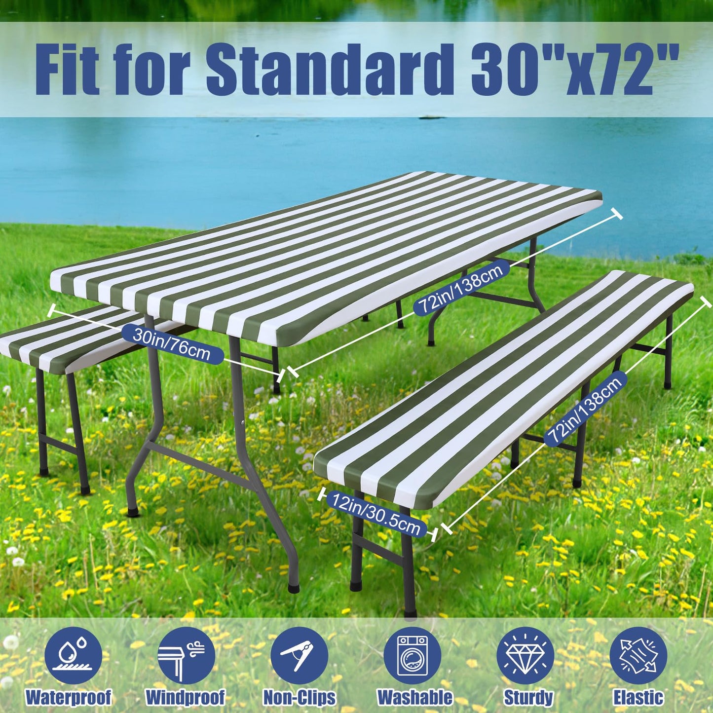 Moosfor Picnic Table Cover with Bench Covers, Elastic Fitted Spandex Tablecloths for 6 Foot Rectangle Tables, Stretch Washable Patio Tablecloth for Outdoor, Camping (Stripe, 30"x72")