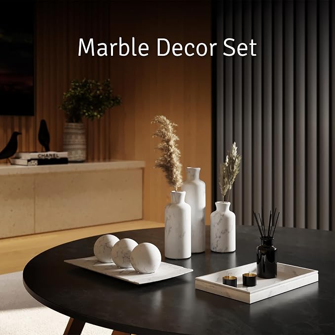 Creative Scents White Marble Look Home Decor Tray and Orb Set Coffee Table Decor for Living Room Centerpiece Table Decorations for Dining Table, Kitchen, Foyer, Entryway Elegant House Decoration
