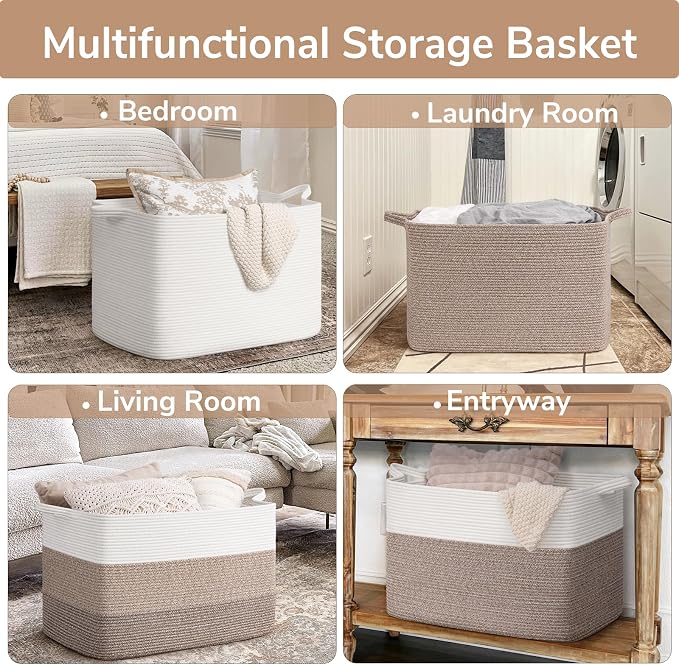 Goodpick 105L Extra Large Blanket Basket 25" x 16" x 16" Cotton Rope Storage Bins for Dirty Clothes, Rectangle Woven Baskets for Living Room Home Decor, Toy Baskets Storage Kids, White