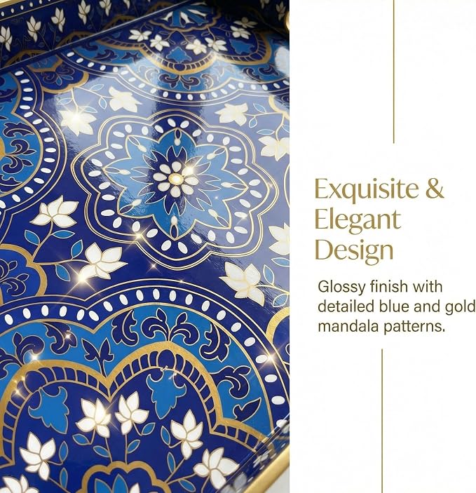 Decorative Serving Tray with Handles - 15.7" x 11.8" Blue Mandala Pattern Rectangular Plastic Platter - Boho Coffee Table Tray for Ottoman, Breakfast in Bed & Living Room Decor