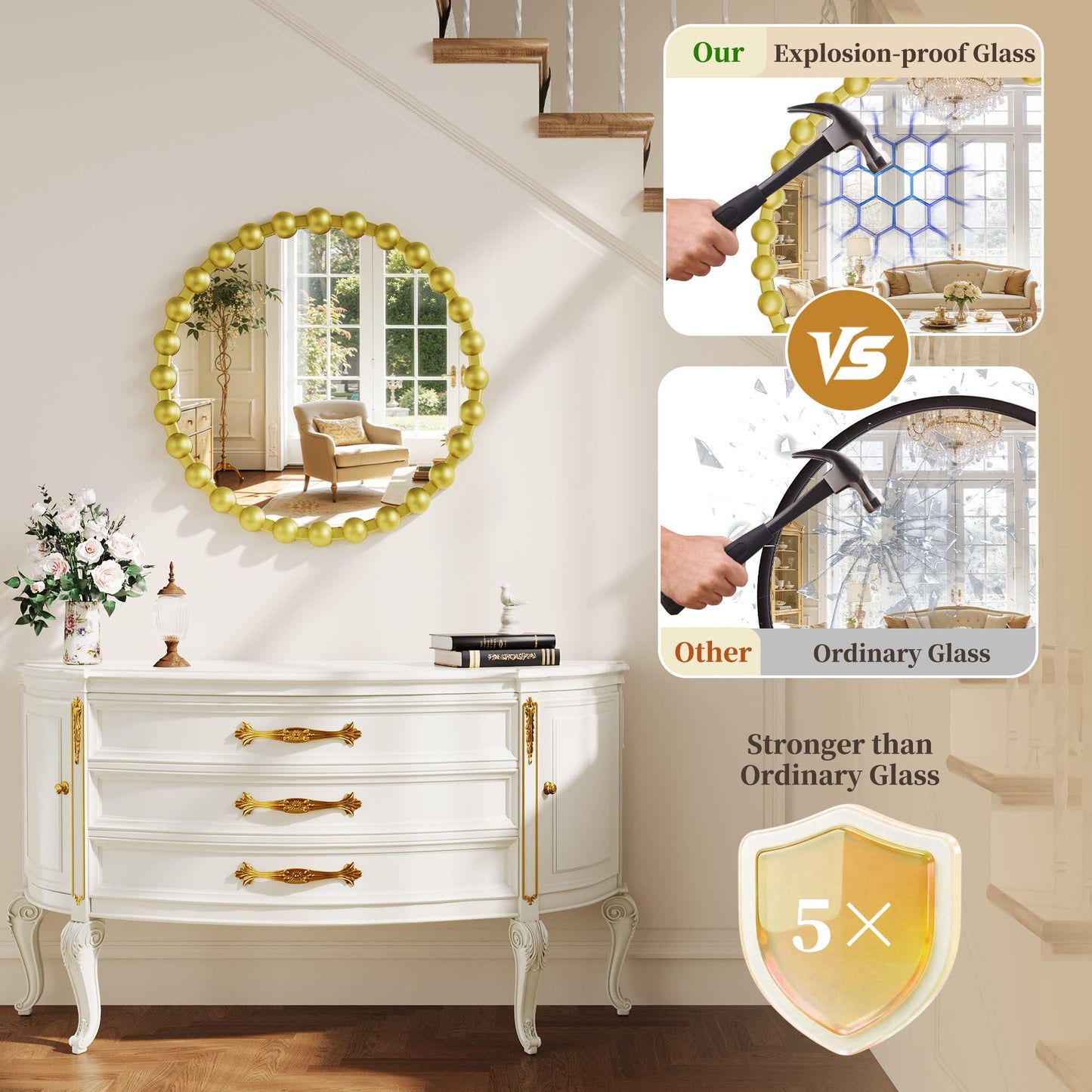 WISSMIELS Round Vanity Mirror for Wall, 28 Inch Beaded Frame Circle Mirror for Bedroom Dresser, Bathroom, Entryway, Living Room, Decorative Hanging Wall Mirror, Gold