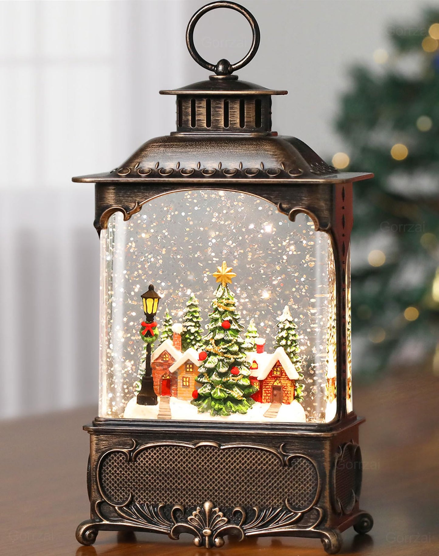 Gorrzai Christmas Snow Globe Lantern with Music Timer Swirling Glitter, Lighted Christmas Decorations Indoor Light Up Musical Lantern Holiday Decor Gift, Forest House Scene, USB or Battery Operated