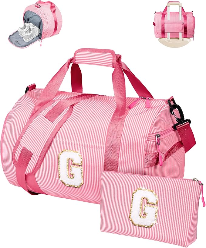 Dance Recital Gifts for Girls, Girl Gym Bag, Kids Initial Overnight Duffel Bags with Shoe Compartment, Personalized Travel Bag with Makeup Pouch, Gift for 3 4 5 6 7 8 Year Old Kid (Letter G)