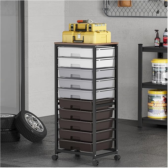 SYKIARIOL Rolling Cart with Drawers,10 Drawer Rolling Cart,Storage Cart,Utility Cart,Teacher Cart for Classroom Storage,Craft Cart with Wheels and Wooden Tabletop,Grey