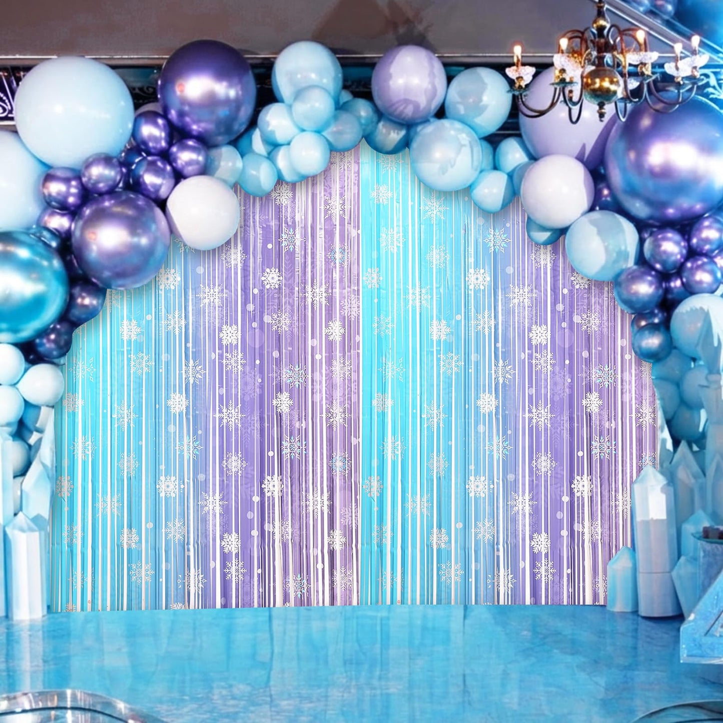 4 Pack 3.3x6.6 Ft Winter Princess Birthday Party Decorations Snowflake Backdrop Tinsel Foil Fringe Curtains Ice and Snow Birthday Party Supplies Snowflake Photo Booth Prop Backdrop Streamer
