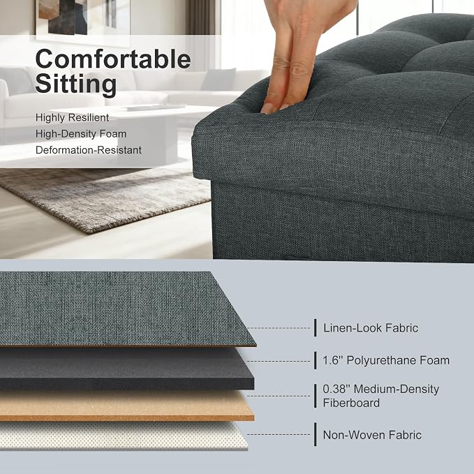 Small Ottoman with Storage, 61L Slim Tall Foldable Ottoman Foot Rest Stool with Thicker Foam Padded Seat. Linen Storage Bench for Bedroom Living Room, 300lbs Weight Support, 17x13x13IN, Gray Black