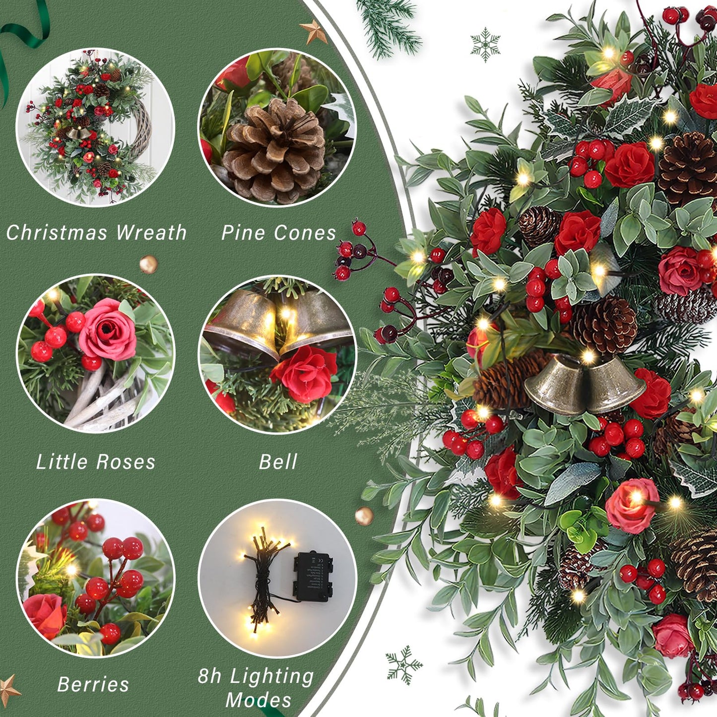 Christmas Wreath for Front Door, Artificial Door Wreaths with LED Lights Bells Berries & Pinecones Christmas Decorations, Xmas Wreaths for Wall Window Fireplace Holiday Home Decor