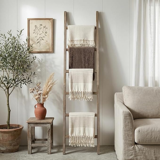 Wooden Blanket Ladder - Natural & Motley Wood - Leaning Wall Decor for Bedroom, Bathroom, Living Room - Rustic Quilt Holder & Towel Rack (Burnt Brown, 76in（6-Tier）)