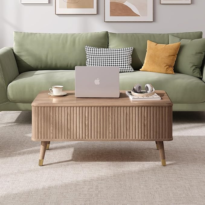 JOINICE Lift Top Coffee Table with Storage,Natural Wood Center Table for Living Room, Modern Farmhouse Oak Fluted Design,Pop-Up Desk for Work & Dining