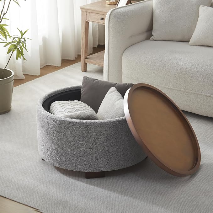 Zihanhome 30 Inch Round Storage Ottoman Coffee Table, Modern Boucle Ottoman with Lift-Off Lid and Solid Wood Legs for Living Room, Bedroom, Corners, Apartments (Light Grey)