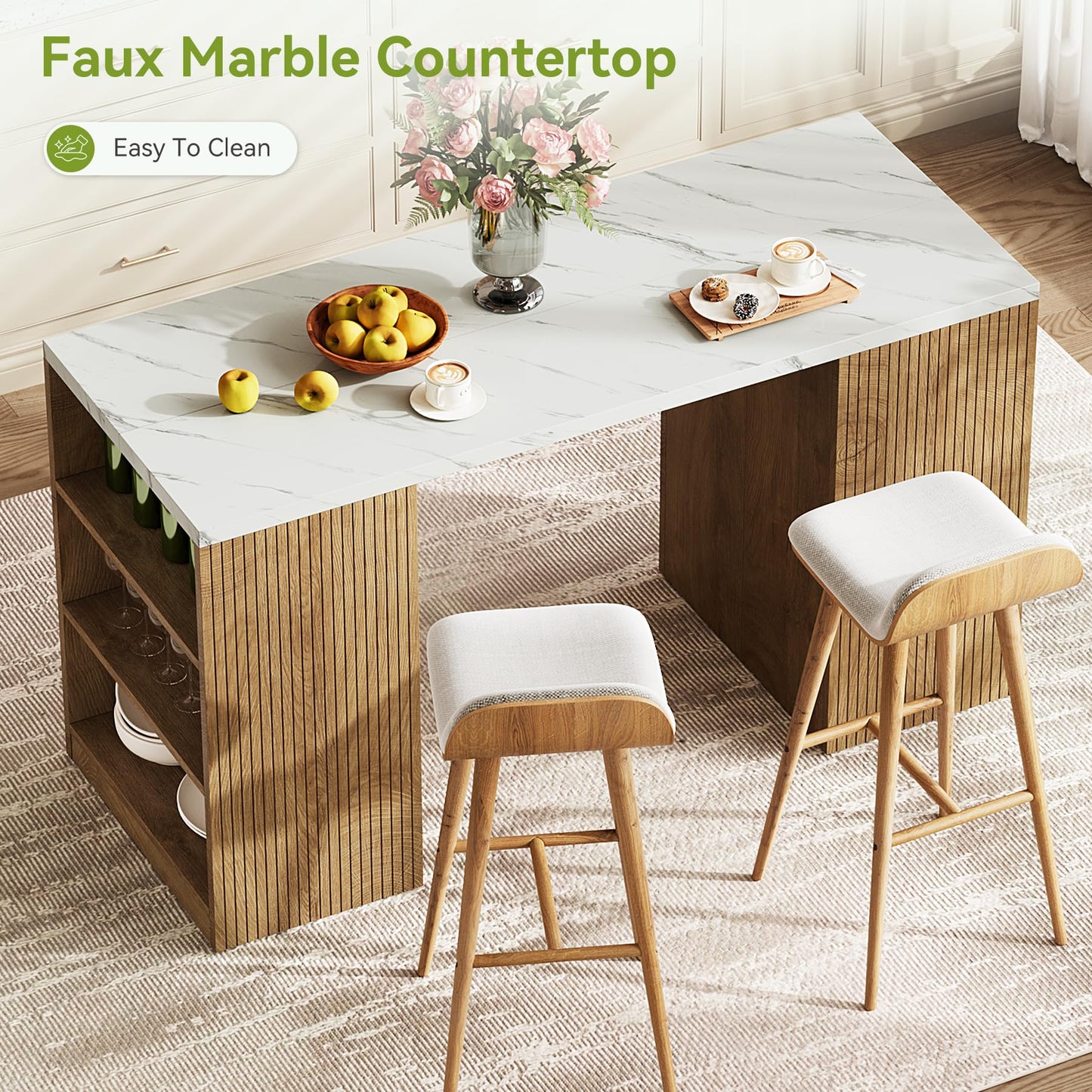 LITTLE TREE 62.99” Kitchen Island with Storage, 6-Tier Modern Kitchen Island Table with a Faux Marble Tabletop, Large Coffee Bar Table Storage Cabinet for Dining Room, White&Brown