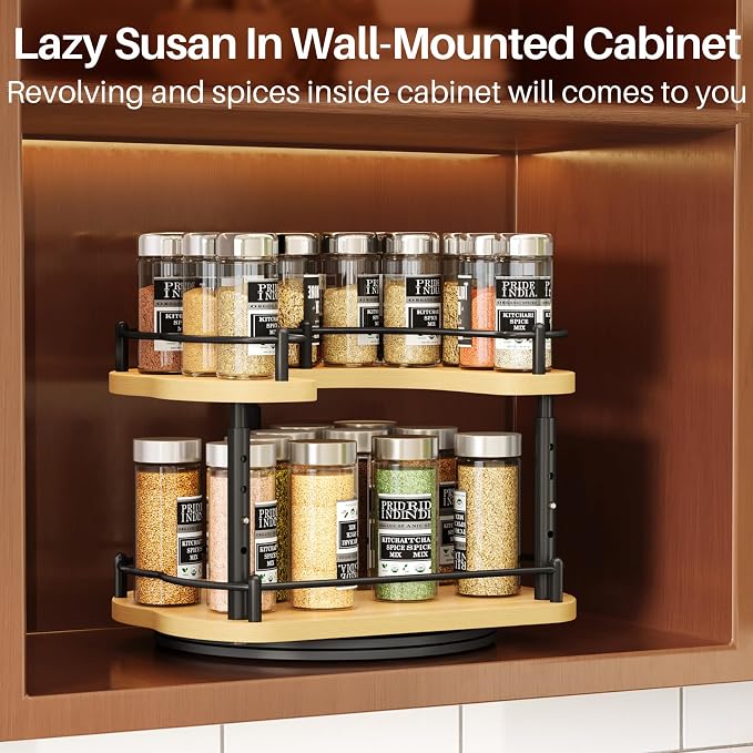 Lazy Susan Organizer Spice Rack - Spice Organization for Cabinet Height Adjustable Rotating Lazy Turntable, Pantry Kitchen Wood Revolving Seasoning Organizer (Natural, 12 Inch)
