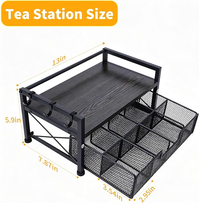 Tea Bag Organizer, Teabag Holder with Storage Drawer, Wood Tea Organizers and Storage Chest, Tea Station Chest Display Container Box for Countertop Kitchen (Grey)