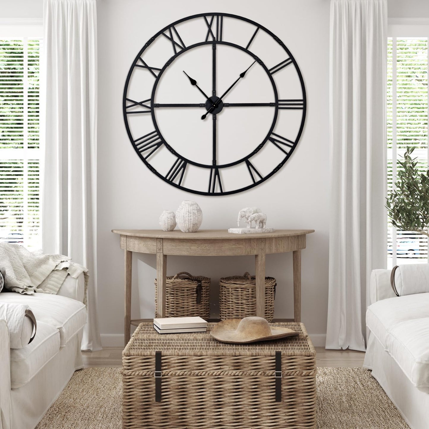 Ohweog 48 inch Oversized Easy-Assembly (KD) Wall Clock for Living Room Decor – Extra Large Silent Non-Ticking Modern Farmhouse Wall Clock, Decorative Metal Roman Numeral Clock, Black