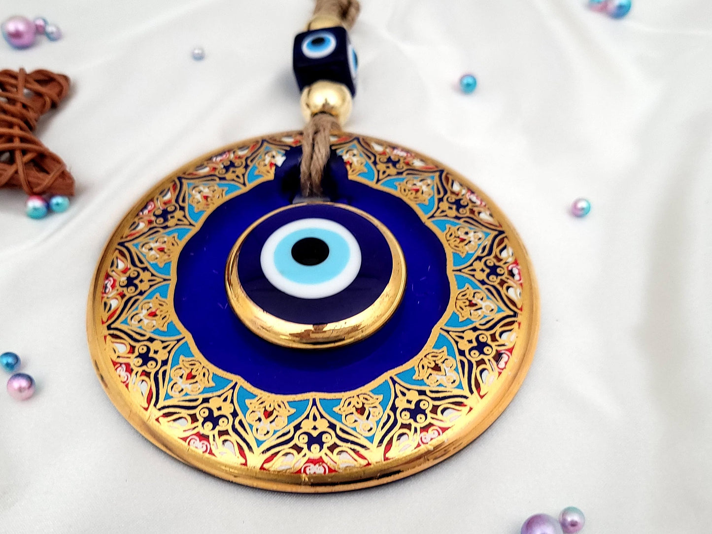Candymosa 4.3" Glass Blue Evil Eye Wall Hanging Floral Design Gold Ornament - Home Protection Charm - Evil Eye Wall Decor - Turkish Nazar Amulet