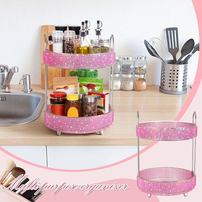 Honeydak 360 Rotating Perfume Organizer Gift for Women, Rhinestone Preppy Skincare Organizer Bathroom Counter Makeup Holder Skincare and Perfume Storage for Cosmetic(2 Tiers,Pearl,Pink)