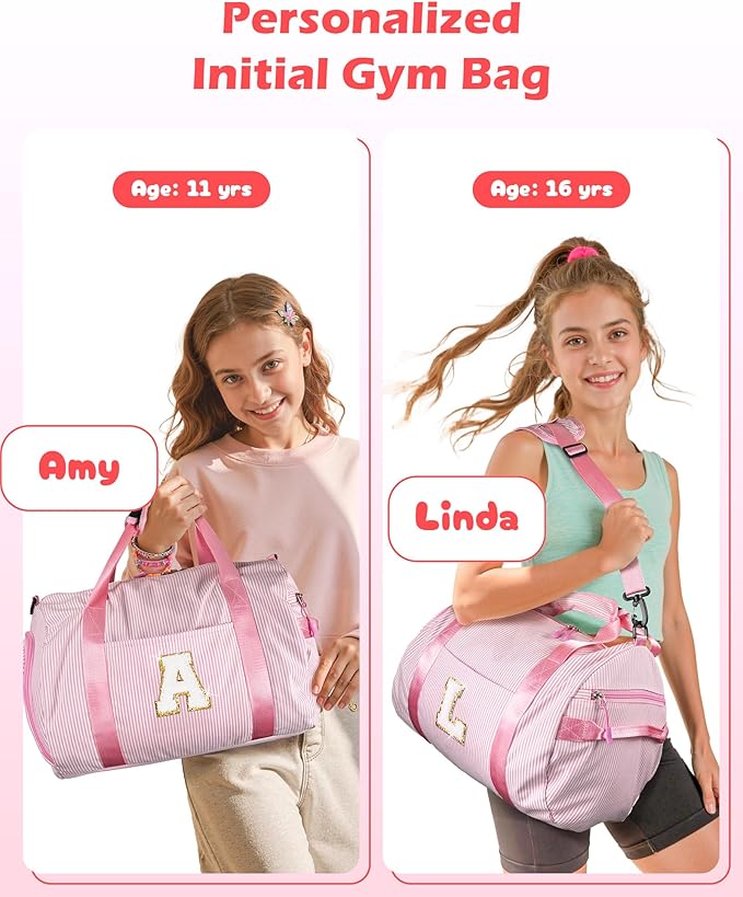 Girly Cute Stuff, Girl Gym Bag, Kids Initial Overnight Duffel Bags with Shoe Compartment, Personalized Travel Bag with Makeup Pouch, Niece Daughter Sister Birthday Gift (Letter L)
