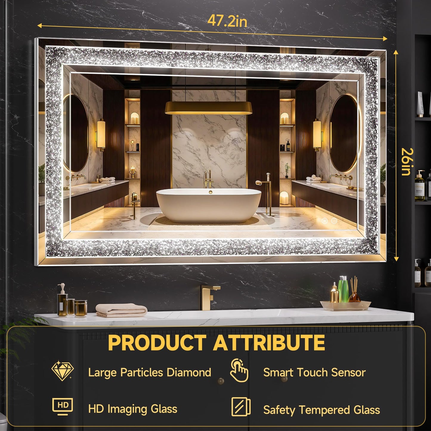 WINNICE 47" x 26" LED Diamond Wall Mirror with Dimming & Anti-Fog, Large Crystal Decorative Mirror for Bathroom, Bedroom, Living Room, Vertical or Horizontal Wall Mount