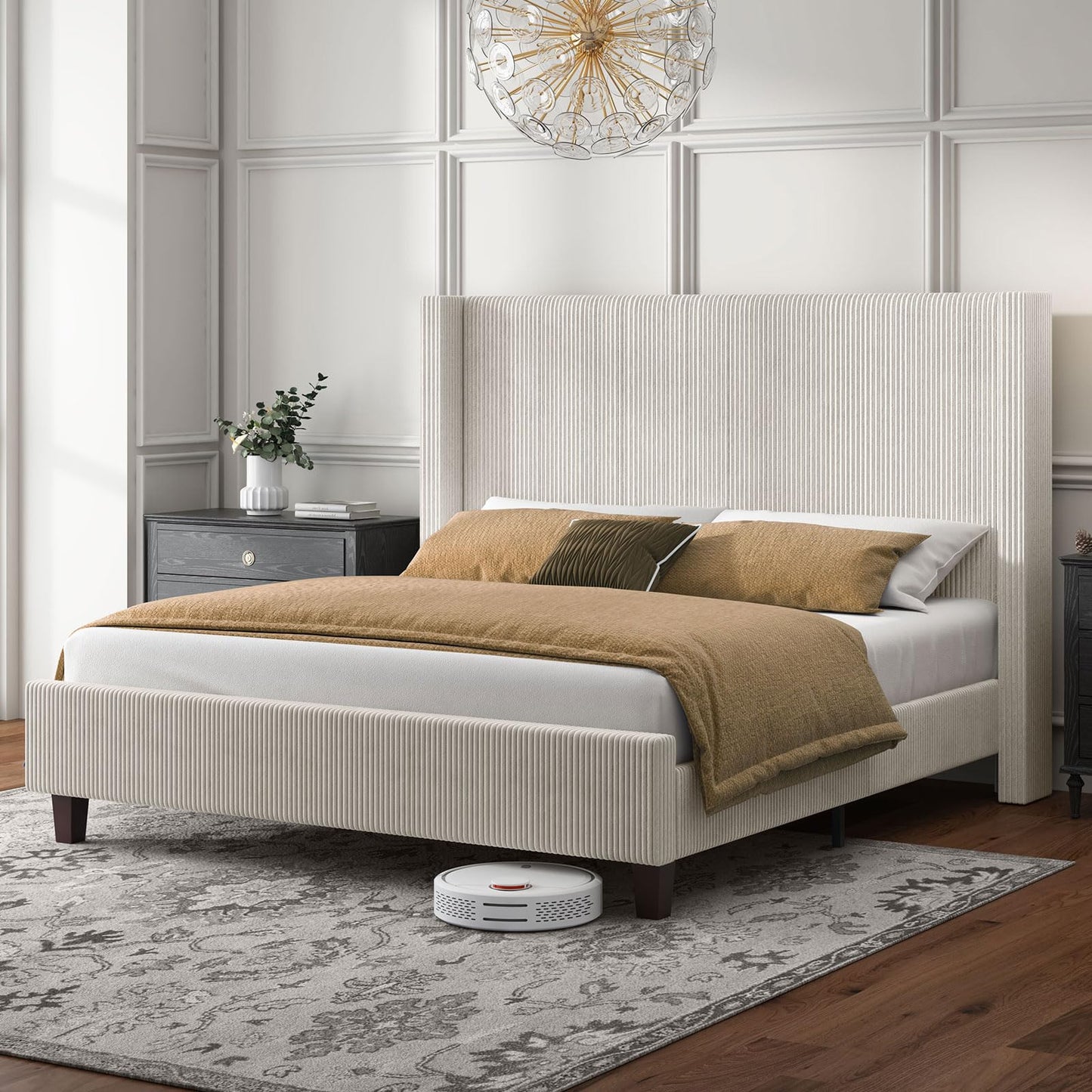HOWE California King Bed Frame with 50.8" Tall Wingback Headboard, Modern Corduroy Upholstered Platform Bed Frame with Solid Wood Slats & Legs, No Box Spring Needed, Noise-Reducing Design, Cream
