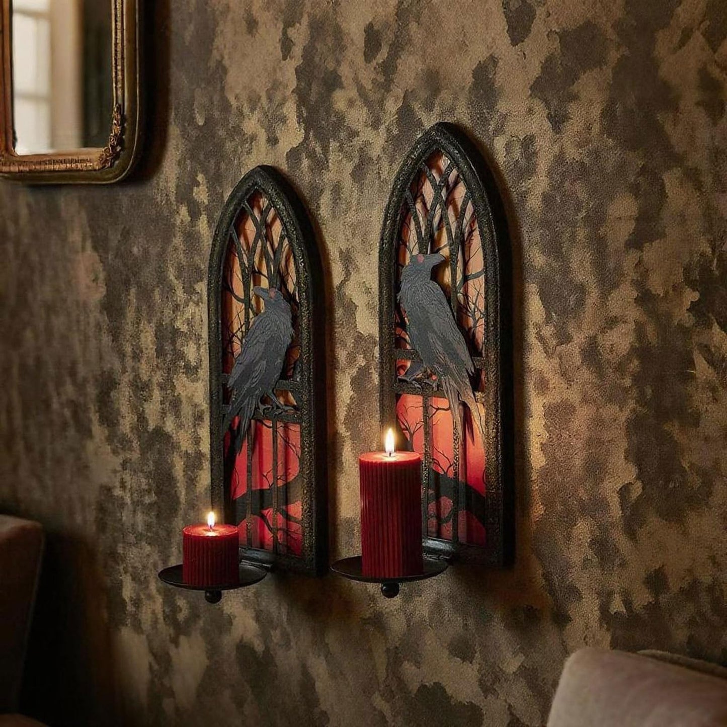 AimtoHome Gothic Wall Candle Sconces Set of 2, Wrought Iron Crow Wall Mounted Candelabra Holder with Removable Trays for Taper & Pillar Candles, Medieval Cathedral Window Design, Dark Academia Decor