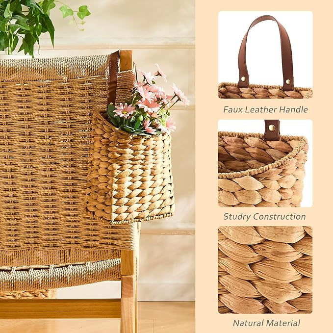 Wall Hanging Pocket Basket Portable Water Hyacinth Storage Basket Decorative Boho Mounted Organizer Dried Flower Plants Front Door Basket for Garden Farmhouse Home