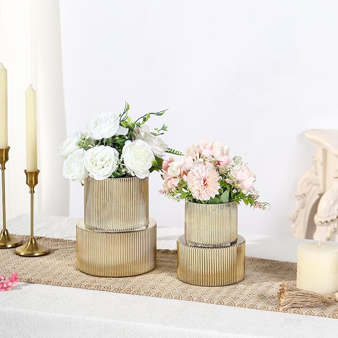 Ribbed Glass Vases for Bouquet, Set of 2 Gold Vases for Flowers, Gold Glass Vase for Tulips, Modern Vase for Living Room, Office, Coffe Table, Dining Table, Shelf, Wedding