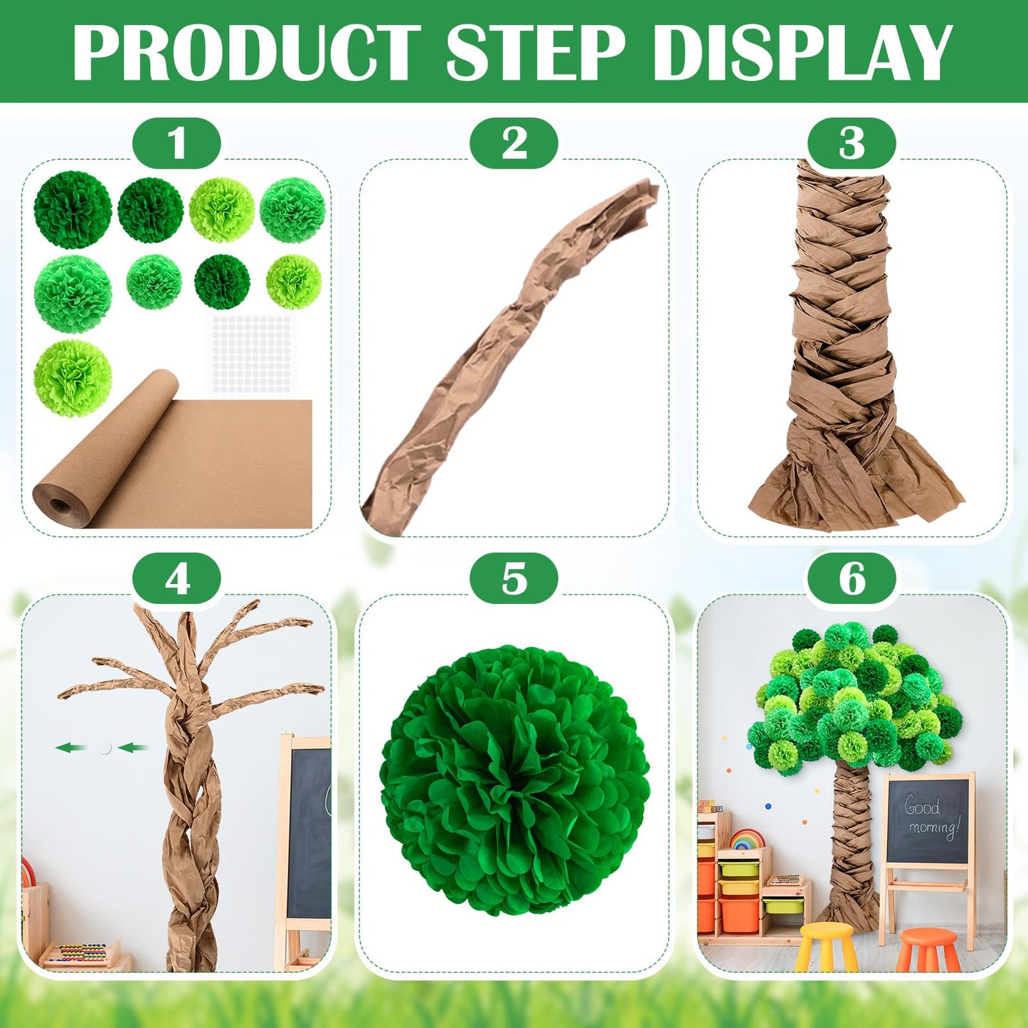 Mooliwe Classroom Tree Bulletin Board Set DIY 3D Cardboard Tree with Paper Pom Poms Kraft Craft Bulletin Board Wall 3D Decorations for School Elementary Teacher Chalkboard (Green,8, 10, 12 Inch)