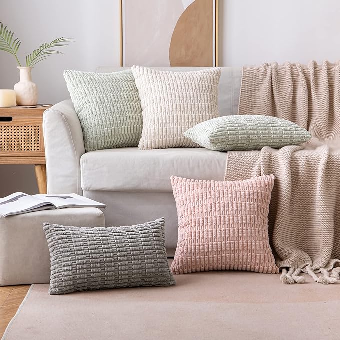 MIULEE Pack of 4 Corduroy Decorative Throw Pillow Covers 18x18 Inch Soft Boho Striped Pillow Covers Modern Farmhouse Home Decor for Sofa Living Room Couch Bed Cream White