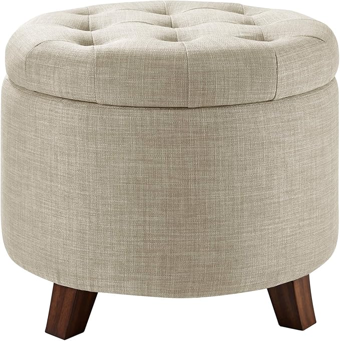 Amazon Basics Round Storage Ottoman Foot Rest, Button Tufted Upholstered Footstool with Storage, Sturdy Linen Fabric for Living Room and Bedroom, 20" x 17", Beige