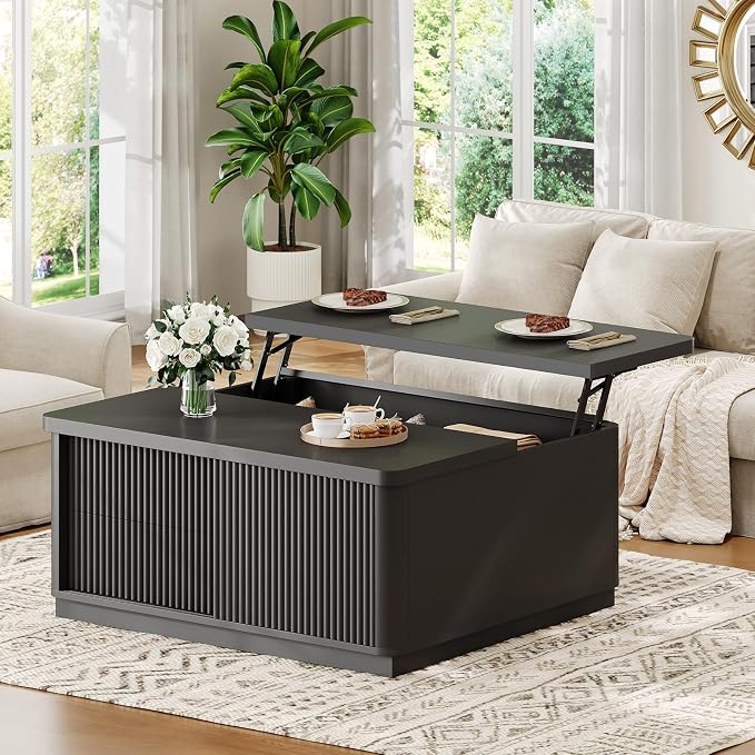 Itaar 39.4'' Lift Top Coffee Table with Storage, Fluted Coffee Tables for Living Room, Square Coffee Table with Large Hidden Compartment & 2 Drawrs & Adjustables Shelves, Black